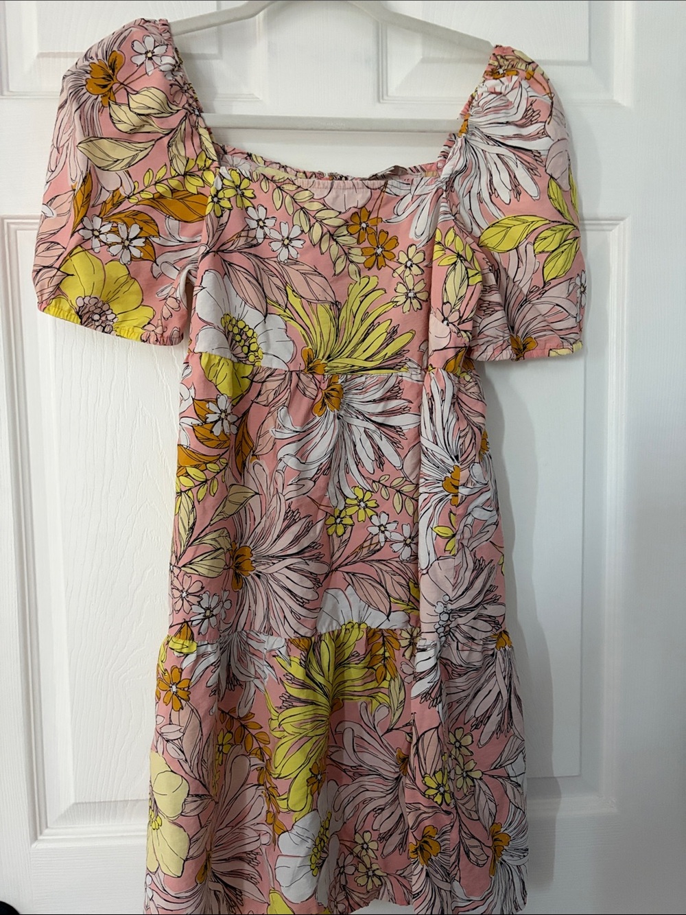 LOFT Pink Floral Midi Dress with Yellow & White Accents